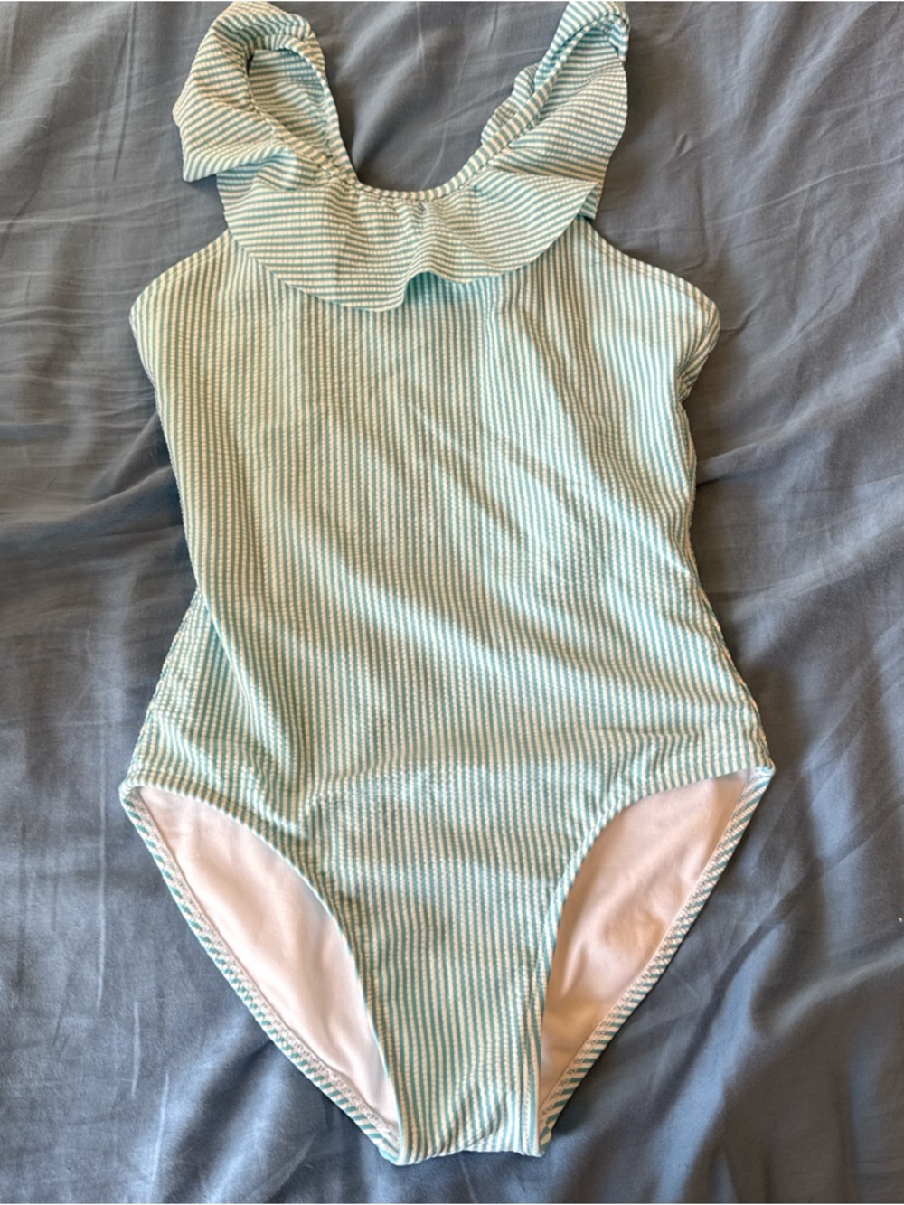 Cat & Jack Teal and White Striped One-Piece Swimsuit with Ruffle Trim